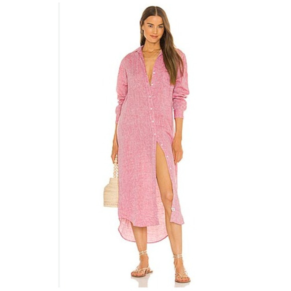 FRANK & EILEEN Sz M Medium Pink Red Linen Rory Maxi Shirt Dress - Picture 7 of 12